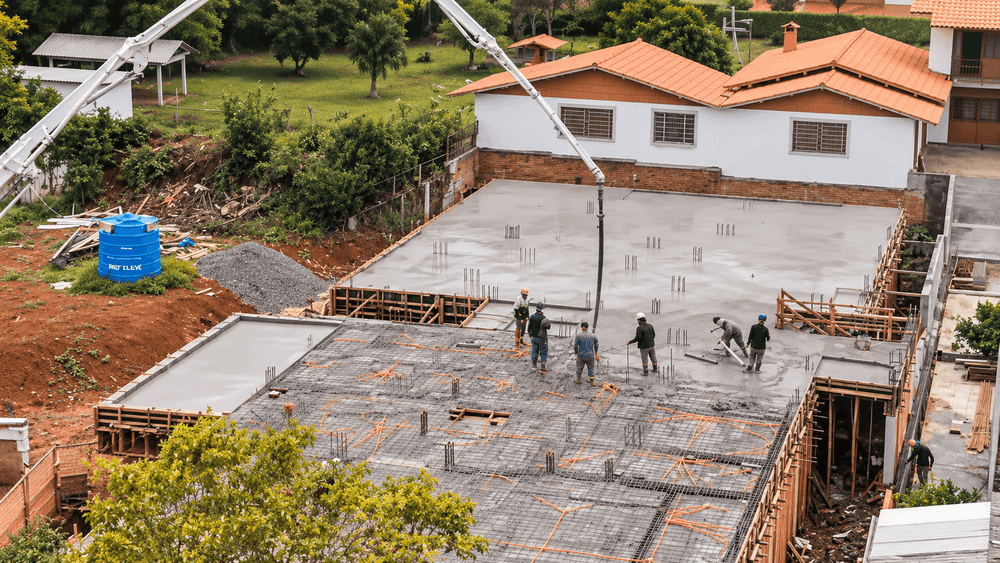 Concretagem da laje de transição do Residencial Archangelo, em Serafina Corrêa, com 424 m² de laje e 130 m³ de concreto.